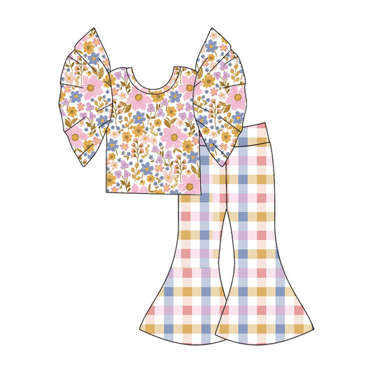 (Custom Design Preorder MOQ 5) Pink Flowers Top Plaid Bell Pants Girls Clothes Set