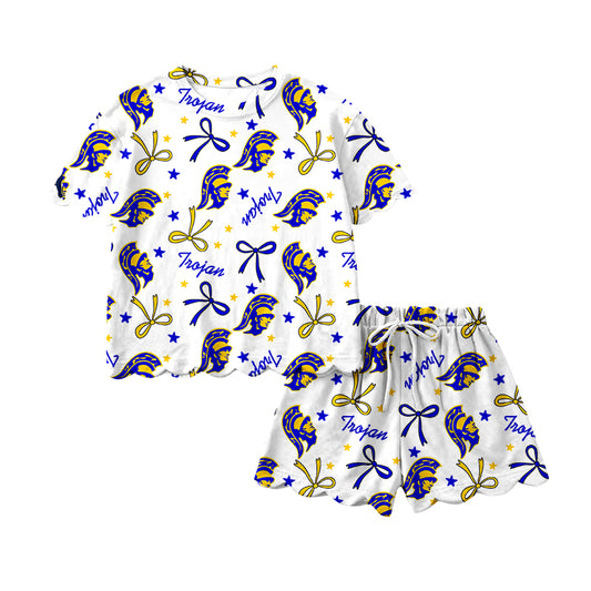 (Custom Design Preorder MOQ 5) Teams Trojan Bows Print Girls Summer Clothes Set