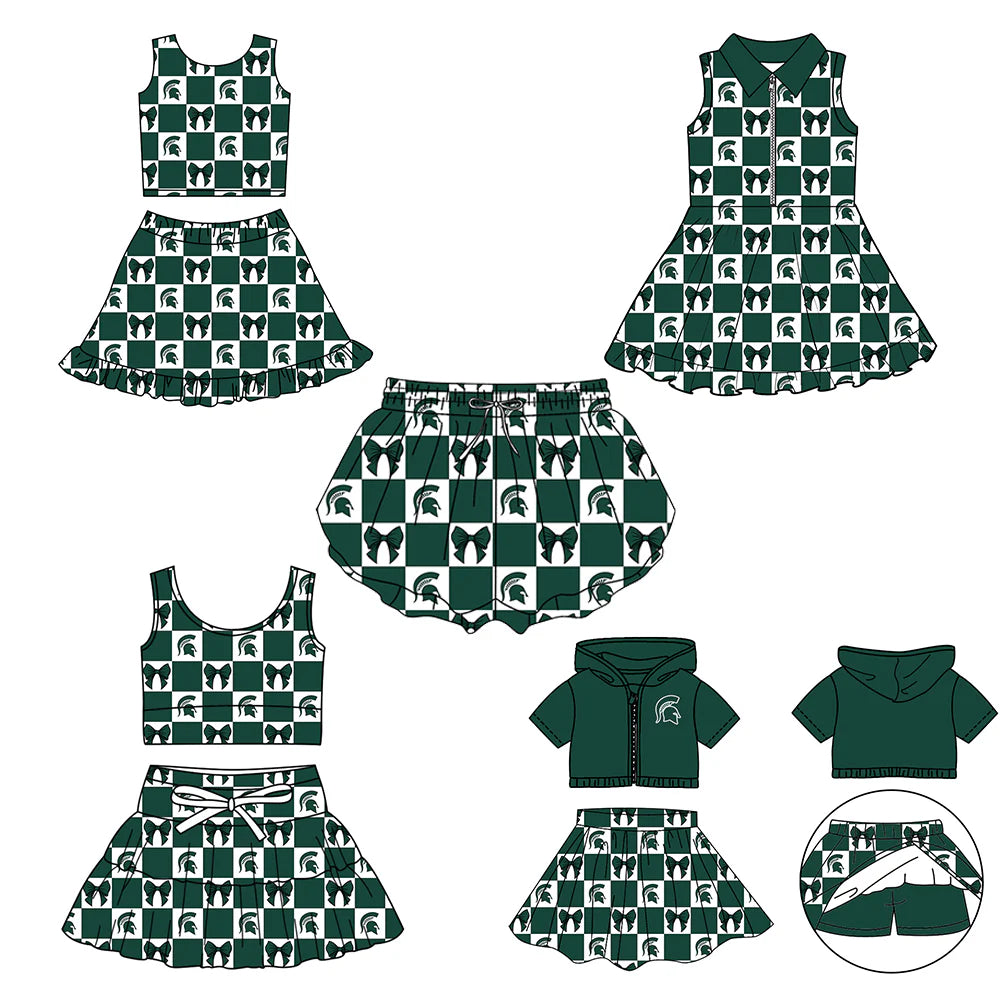 (Custom Design Preorder MOQ 5 Each Color) Team's Spartans Bows Plaid Print Girls Summer Clothes Sisters Matching Wear