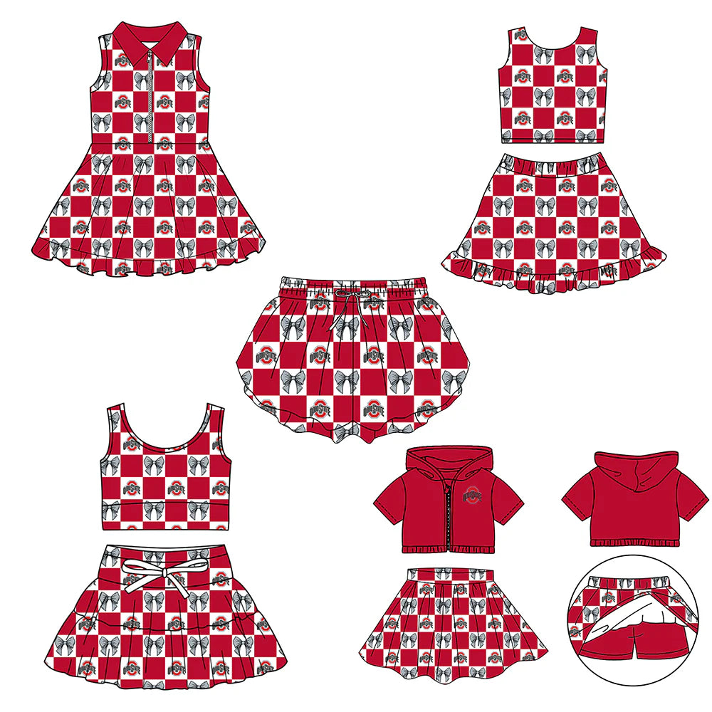 (Custom Design Preorder MOQ 5 Each Color) Team's OHIO STATE Bows Plaid Print Girls Summer Clothes Sisters Matching Wear