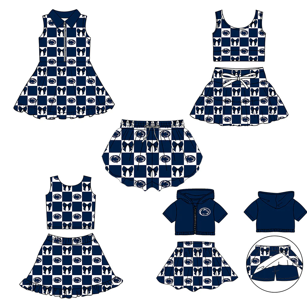 (Custom Design Preorder MOQ 5 Each Color) Team's Penn State Nittany Lions Bows Plaid Print Girls Summer Clothes Sisters Matching Wear