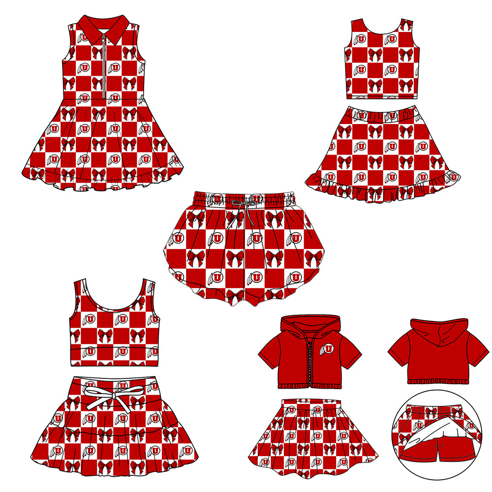 (Custom Design Preorder MOQ 5 Each Color) Team's Utah Utes Bows Plaid Print Girls Summer Clothes Sisters Matching Wear
