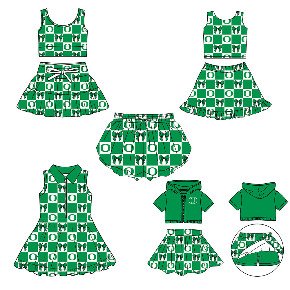 (Custom Design Preorder MOQ 5 Each Color) Team's Oregon Ducks Bows Plaid Print Girls Summer Clothes Sisters Matching Wear