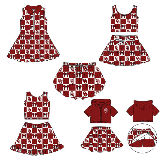(Custom Design Preorder MOQ 5 Each Color) Team's Oklahoma Bows Plaid Print Girls Summer Clothes Sisters Matching Wear