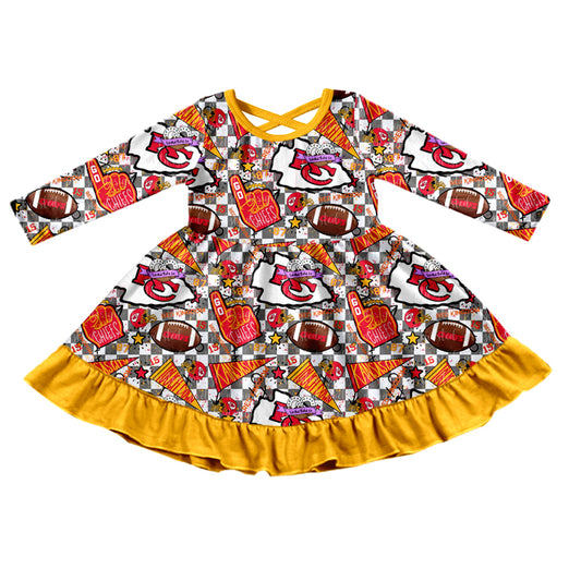 (Custom Design Preorder MOQ 5)  Team's KC Yellow Print Girls Fall Knee Length Ruffle Dress