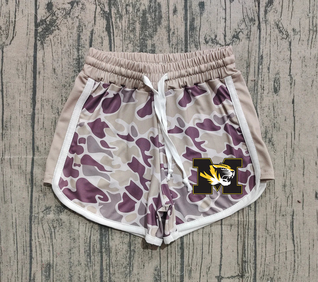 (Custom Design Preorder MOQ 5 Each Item) Team's Missouri Tigers Khaki Purple Camo Print Summer Bottom Shorts Mom and Me Matching Clothes