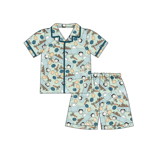 12.10 (Custom Design Preorder MOQ 5)  Trucks Eggs Carrot Print Boys Easter Buttons Pajamas Clothes Set
