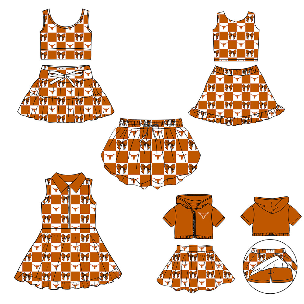 (Custom Design Preorder MOQ 5 Each Color) Team's Texas Longhorns Bows Plaid Print Girls Summer Clothes Sisters Matching Wear