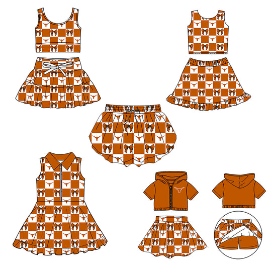 (Custom Design Preorder MOQ 5 Each Color) Team's Texas Longhorns Bows Plaid Print Girls Summer Clothes Sisters Matching Wear
