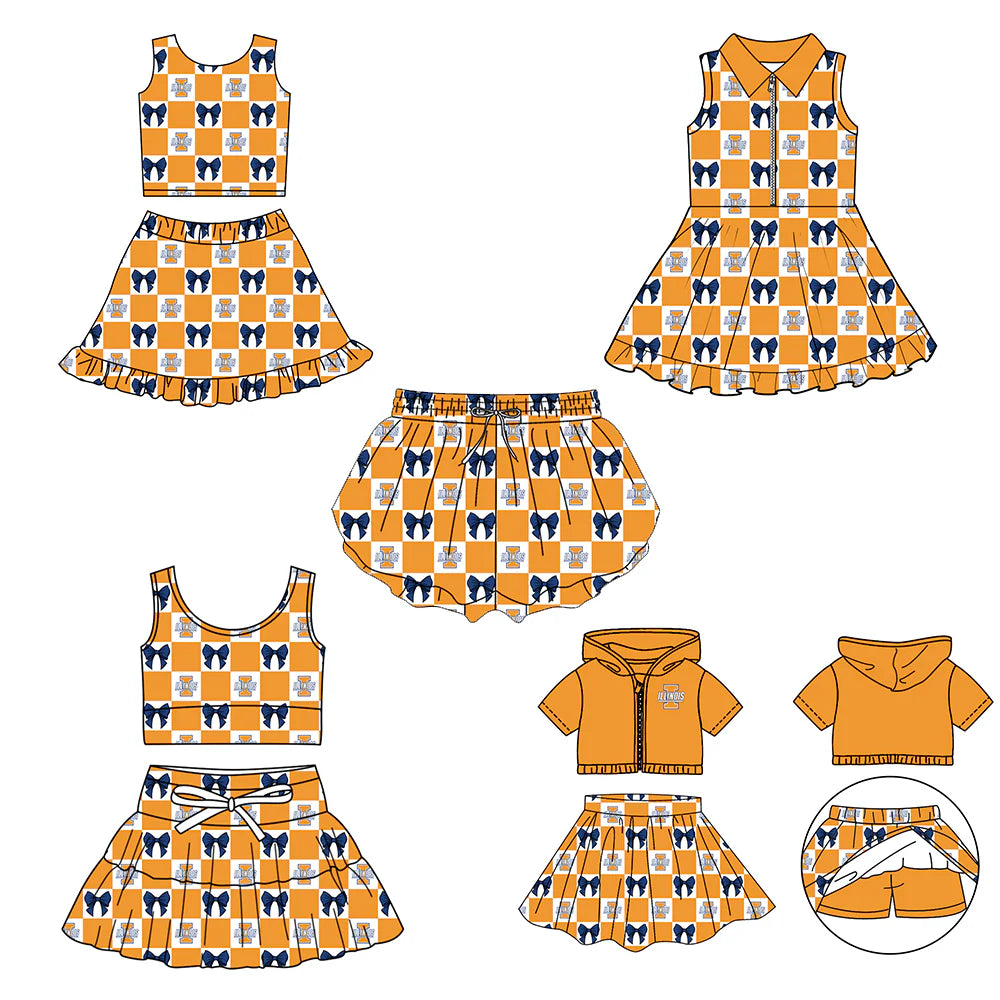 (Custom Design Preorder MOQ 5 Each Color) Team's Illinois Bows Plaid Print Girls Summer Clothes Sisters Matching Wear