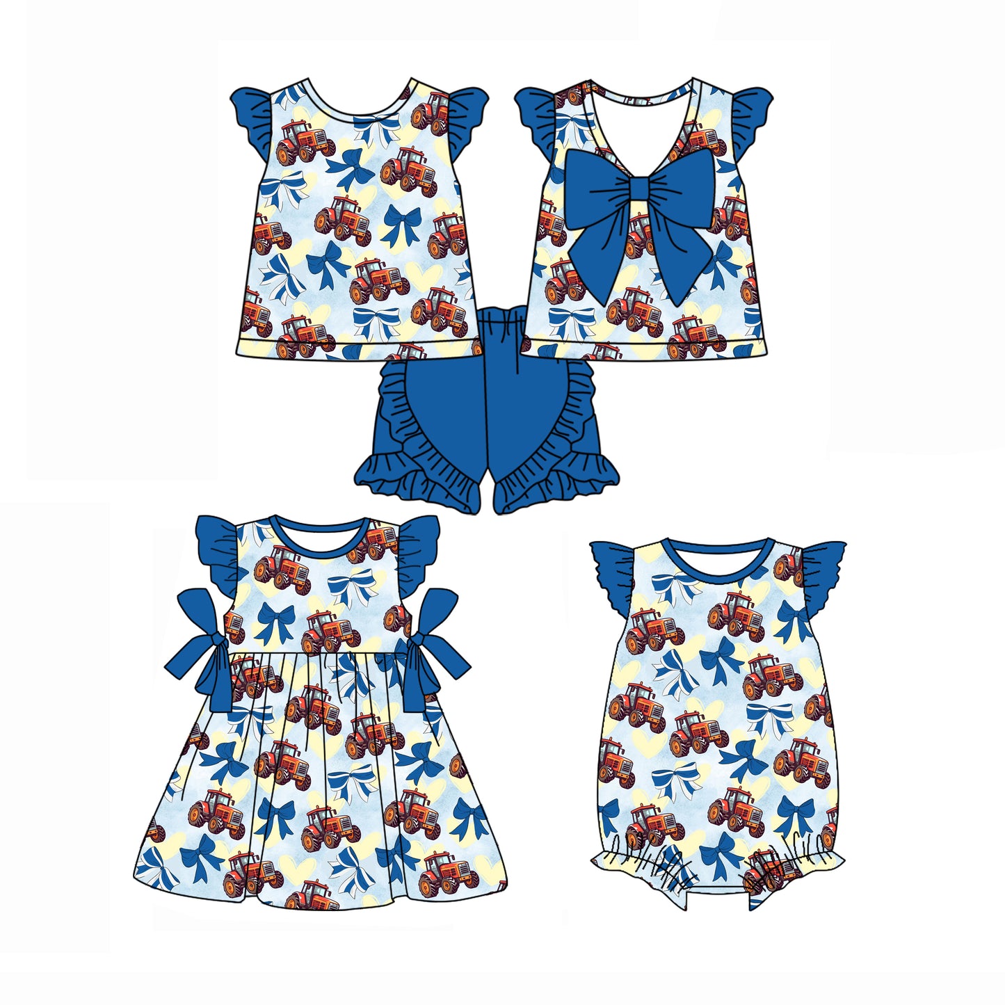 11.22(Custom Design Preorder MOQ 5 Each Design) Tractors Blue Bows Print Girls Summer Matching Clothes Sisters Wear