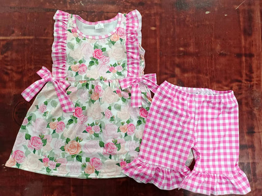 (Custom Design Preorder MOQ 5) Flowers Tunic Top Plaid Shorts Girls Summer Clothes Set