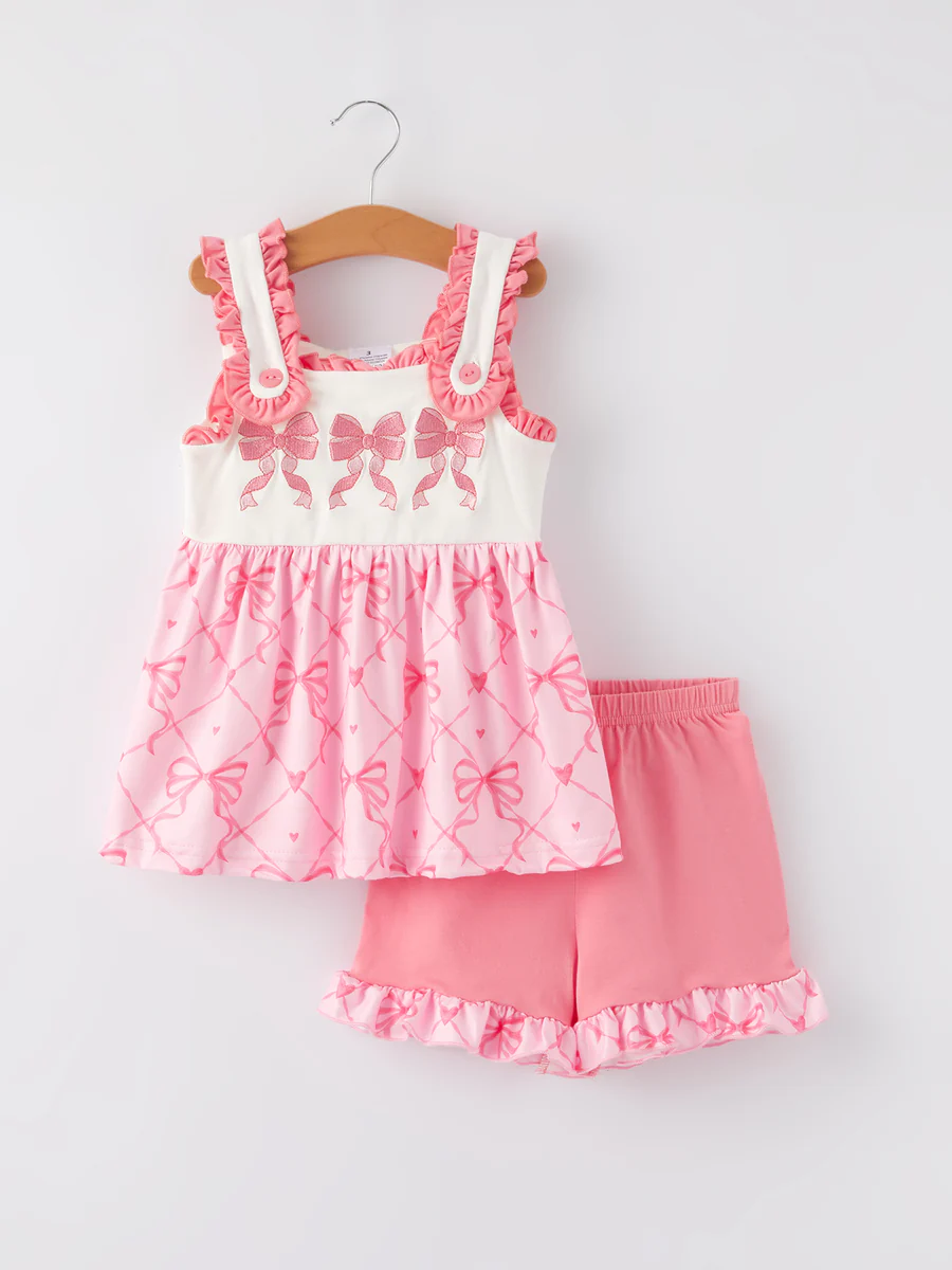 (Custom Design Preorder MOQ 5)  Pink Bows Tunic Top Ruffle Shorts Girls Summer Clothes Set