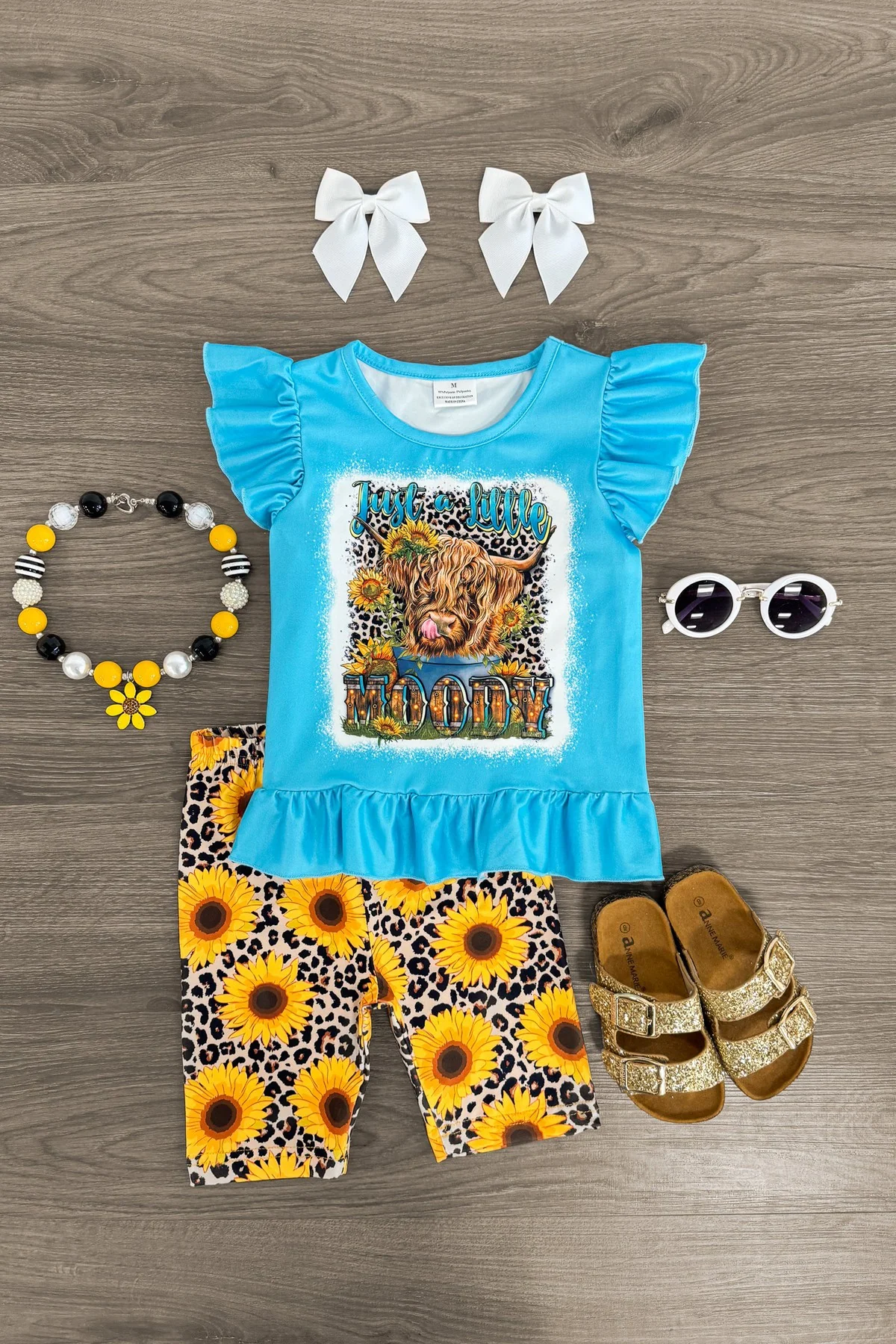 (Custom Design Preorder MOQ 5) Highland Cow Moody Top Sunflowers Shorts Girls Clothes Set