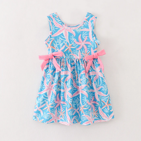(Custom Design Preorder MOQ 5)  Starfish Print Girls Knee Length Summer Dress