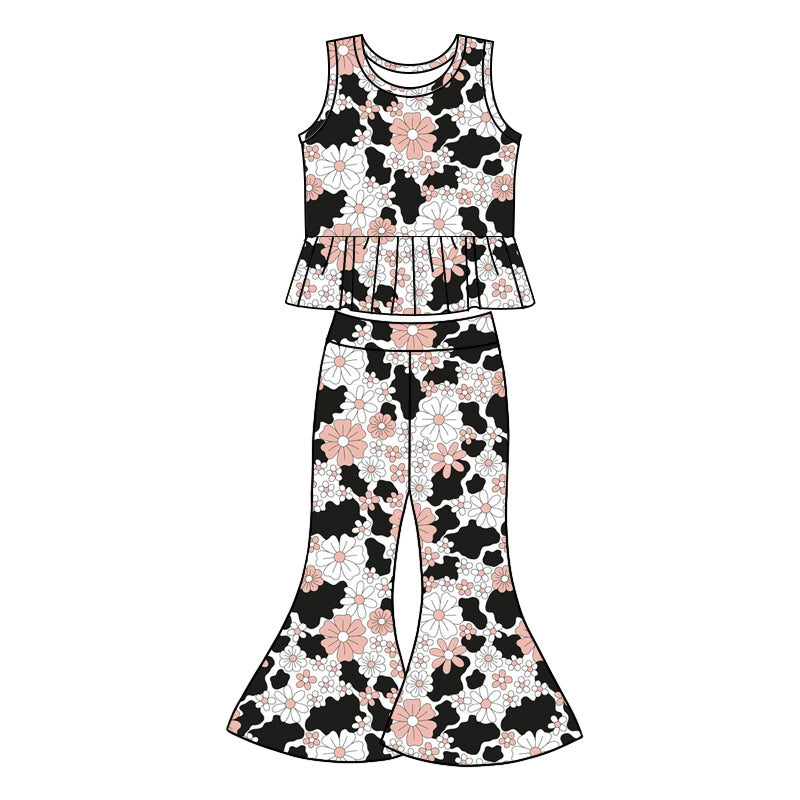 1.7(Custom Design Preorder MOQ 5) Flowers Tank Top Bell Pants Girls Clothes Set