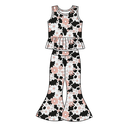 1.7(Custom Design Preorder MOQ 5) Flowers Tank Top Bell Pants Girls Clothes Set