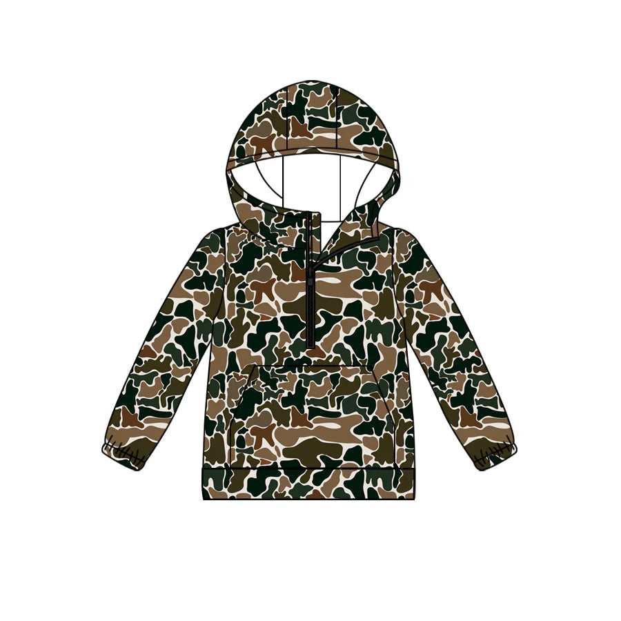(Custom Design Preorder MOQ 5) Brown Camo Print Kids Long Sleeve Hoodie Zipper Tops