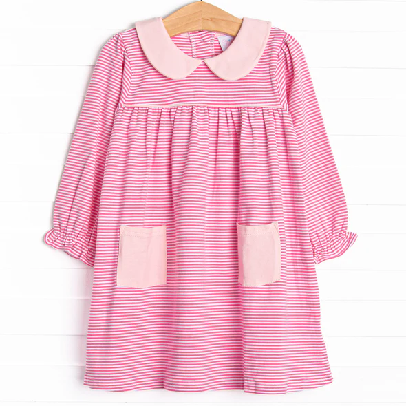 (Custom Design Preorder MOQ 5)  Pink Stripes Print Girls Knee Length Fall Dress