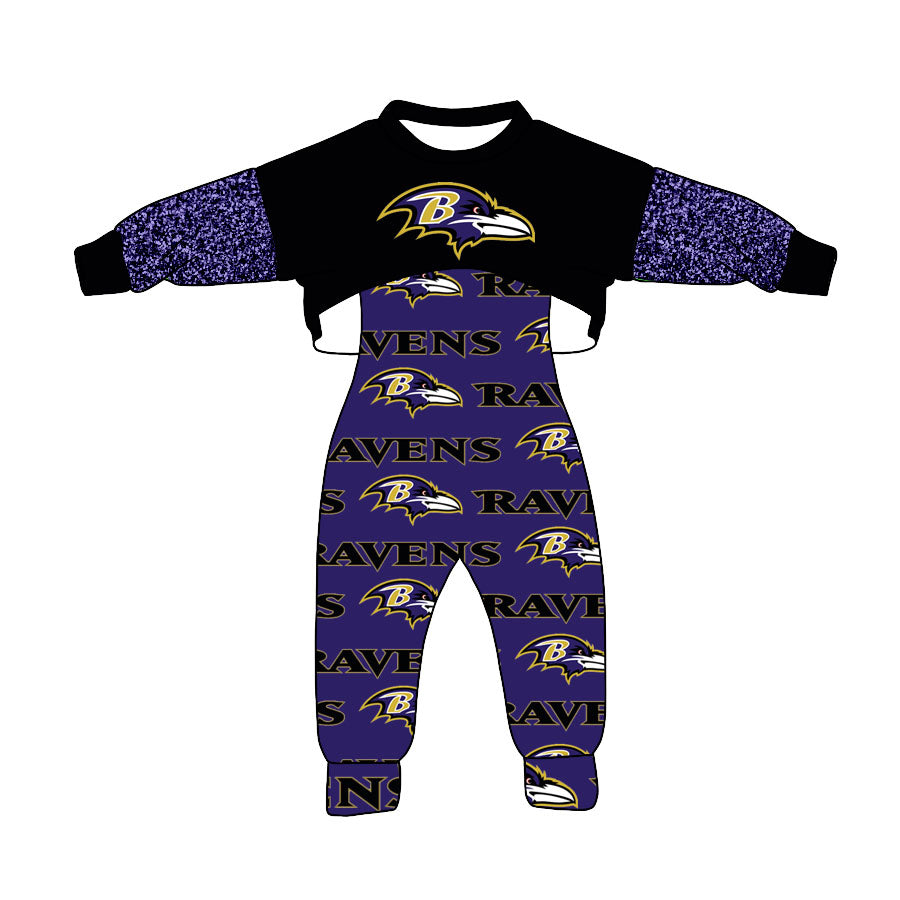 (Custom Design Preorder MOQ 5) Black Top Team's Ravens Print Jumpsuits Girls Fall Clothes Set