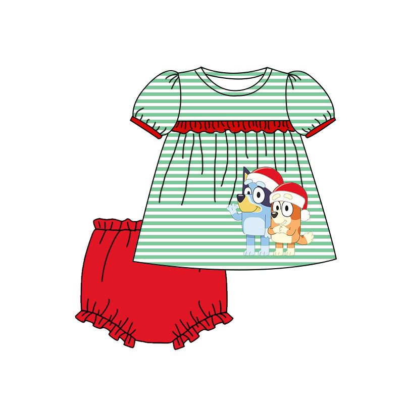 (Custom Design Preorder MOQ 5) Cartoon Dog Green Stripes Top Red Shorts Baby Girls Christmas Bummie Set