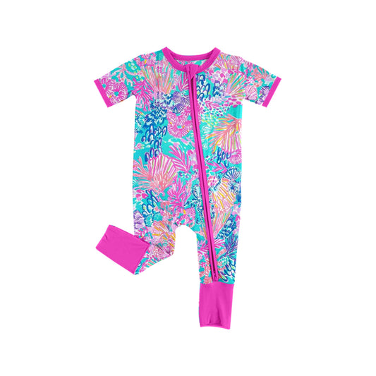 12.10(Custom Design Preorder MOQ 5) Seaweed Pink Print Baby Girls Sleeper Zipper Romper
