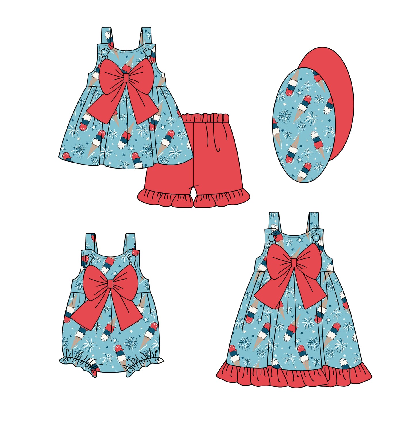 1.4(Custom Design Preorder MOQ 5 Each Design) Ice Cream Print Girls 4th of July Matching Clothes Sisters Wear