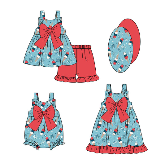 1.4(Custom Design Preorder MOQ 5 Each Design) Ice Cream Print Girls 4th of July Matching Clothes Sisters Wear