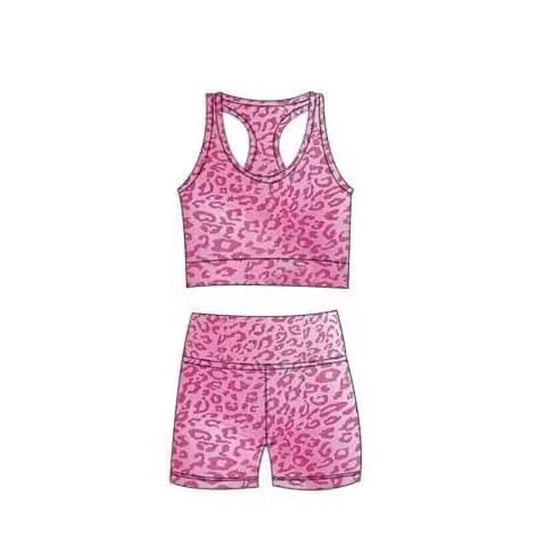 (Custom Design Preorder MOQ 5)  Pink Leopard Print Girls Summer Clothes Set