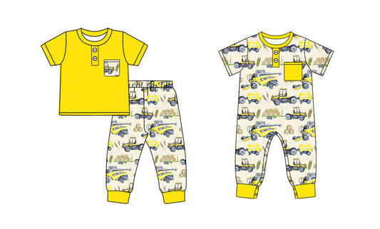 11.12(Custom Design Preorder MOQ 5 Each Design) Tractors Yellow Print Boys Matching Clothes Brothers Wear