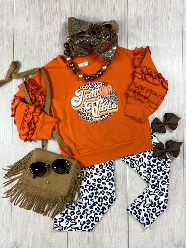 (Custom Design MOQ 5)  Fall vibes pumpkin leopard legging pants girls clothes set