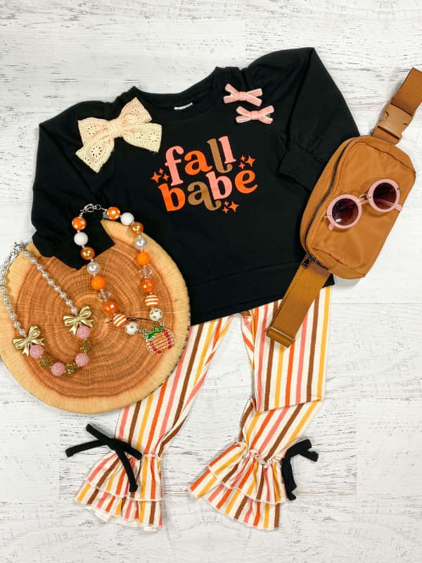 (Custom Design MOQ 5)  Fall babe black top stripes pants girls clothes set