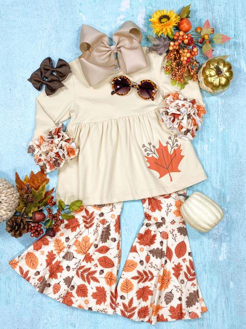 (Custom Design MOQ 5)  Maple leaf girls fall clothes set