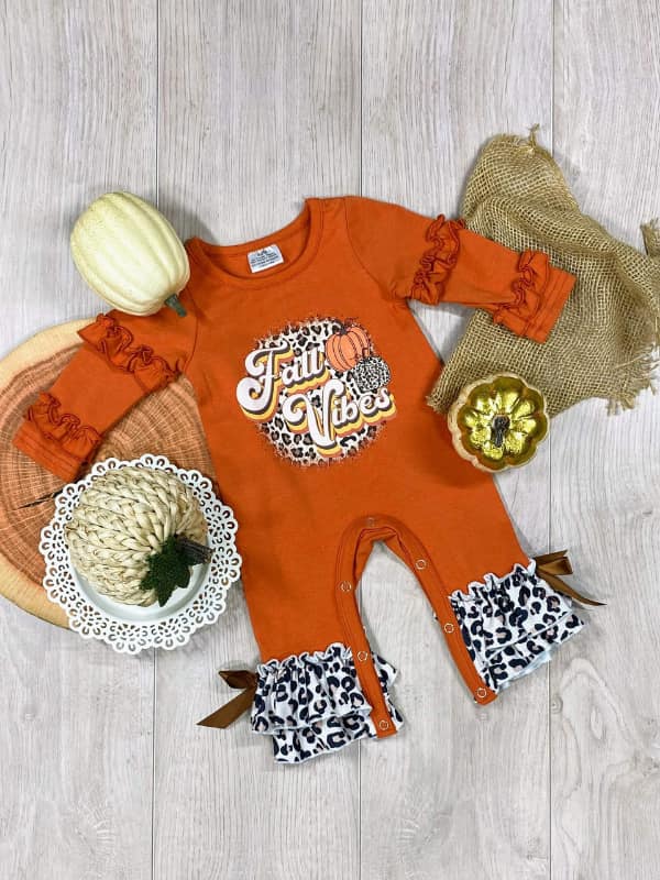 (Custom Design MOQ 5)  Fall vibes pumpkin leopard baby girls romper