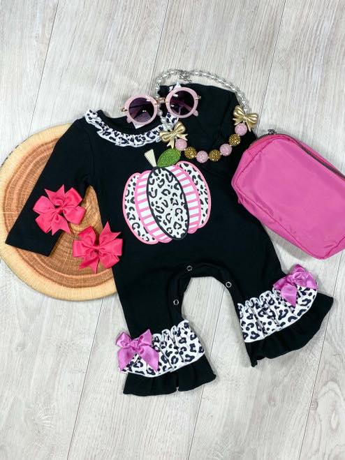 (Custom Design MOQ 5)  Pumpkin leopard print baby girls fall romper