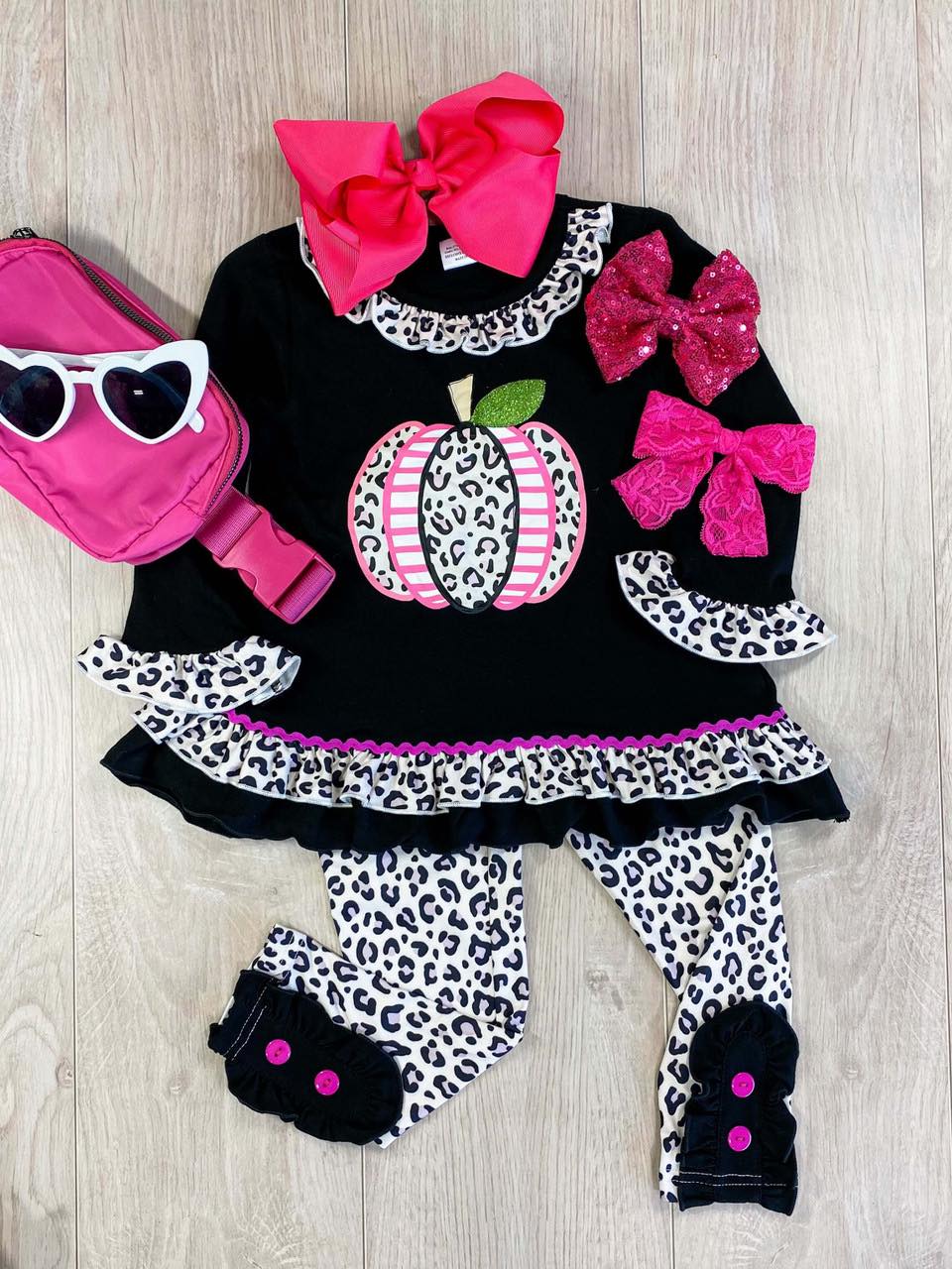 (Custom Design MOQ 5)  Pumpkin leopard print girls fall clothes set