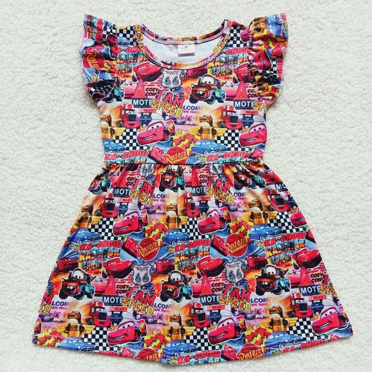 (Custom Design MOQ 5) Cartoon car print girls knee length dress