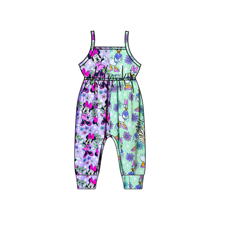 (Custom Design Preorder MOQ 5) Cartoon Mouse Duck Flowers Print Girls Summer Jumpsuits