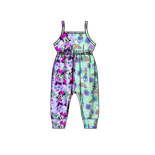 (Custom Design Preorder MOQ 5) Cartoon Mouse Duck Flowers Print Girls Summer Jumpsuits