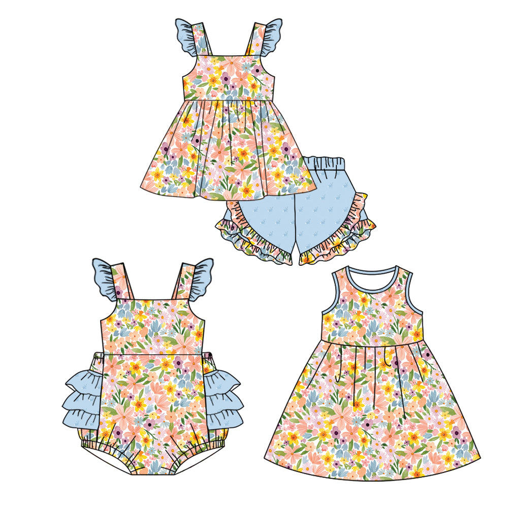 12.14(Custom Design Preorder MOQ 5 Each Design) Flowers Bunny Print Girls Easter Matching Clothes Sisters Wear