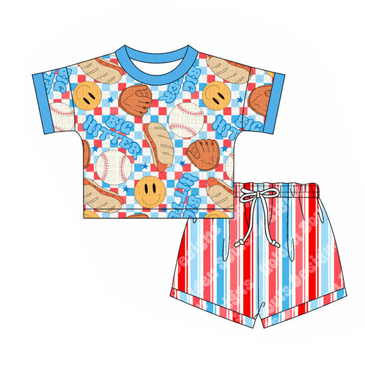 2.24(Custom Design Preorder MOQ 5) Baseball Top Stripes Shorts Boys Summer Clothes Set