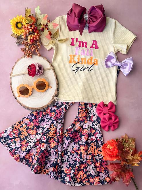 (Custom Design MOQ 5)  I'm a fall kinda girl yellow top flowers bell pants girls clothes set