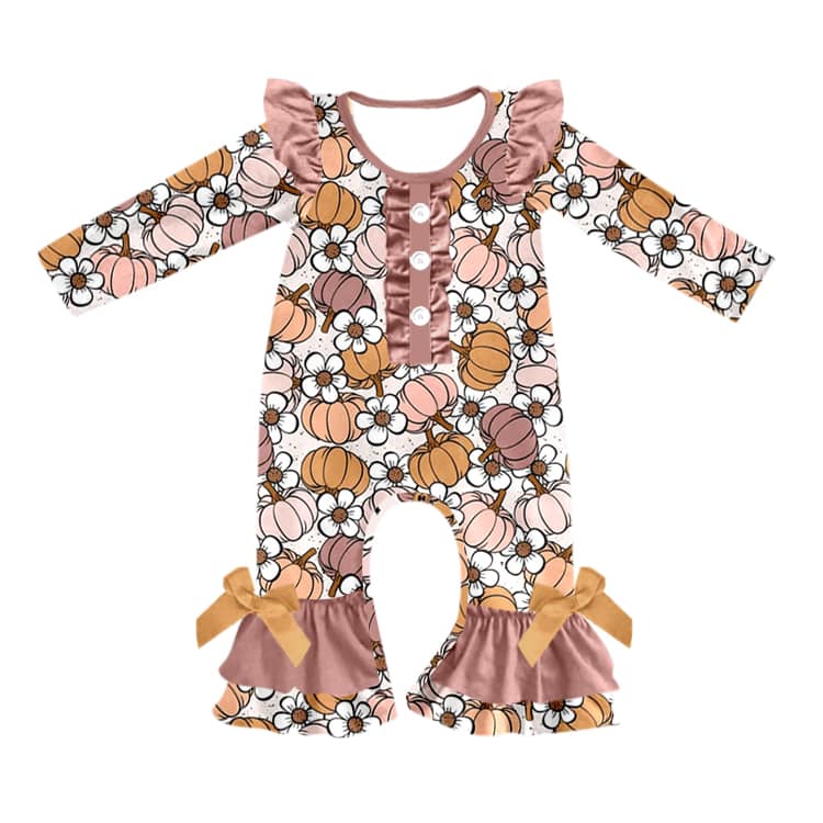 (Custom Design MOQ 5)  Pumpkin flowers baby girl romper