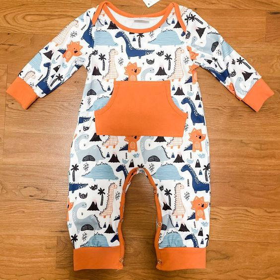 (Custom Design MOQ 5) Orange Dino Print Baby Boys Romper