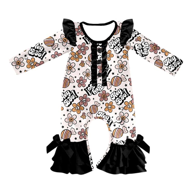 (Custom Design MOQ 5) Hey BOO candy flowers baby girls Hallowen romper