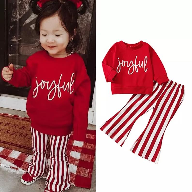 (Custom Design MOQ 5)  Red Stripes Girls Bell Bottom Pants Chtistmas Clothes Set