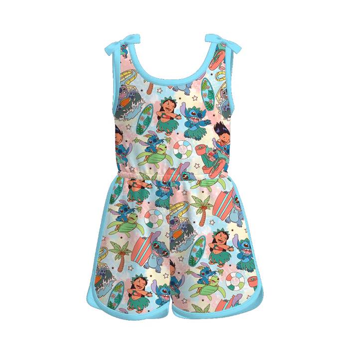 (Custom Design Preorder MOQ 5) Cartoon Stitc* Print Girls Summer Jumpsuits