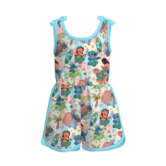 (Custom Design Preorder MOQ 5) Cartoon Stitc* Print Girls Summer Jumpsuits