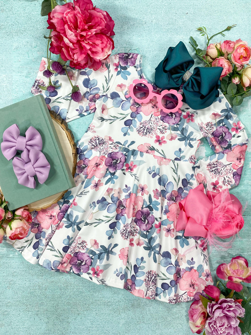 (Custom Design Preorder MOQ 5)  Purple Flowers Print Girls Knee Length Dress