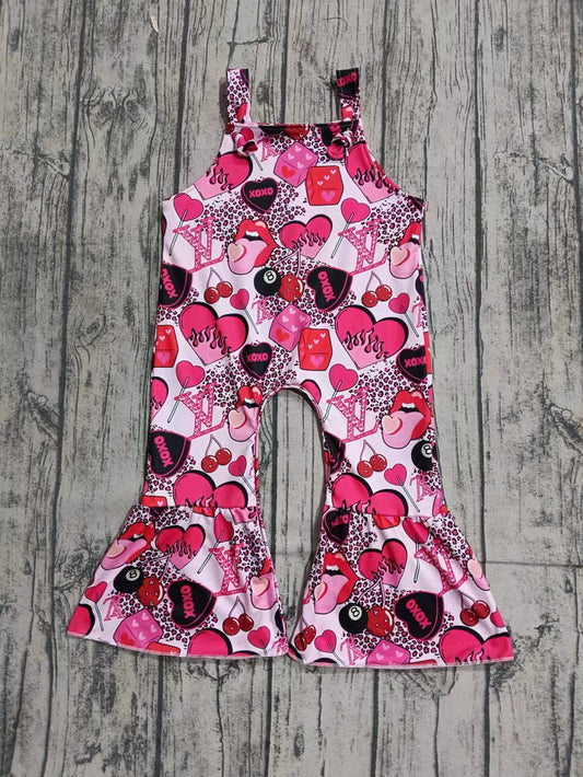 (Custom Design Preorder MOQ 3) L*V* Heart XOXO Pink Print Girls Valentine's Day Jumpsuits